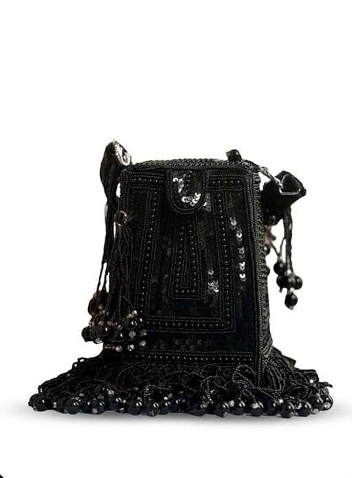 Black Sequin Beaded Box Evening Bag, Fringe Crossbody Purse with Tassel Detail, Gothic Formal Clutch