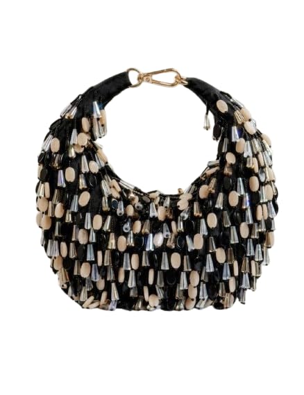 Snug and Chic Beaded Hobo Handbag, Black, Crystal and Stone Embellished, Purse for Women