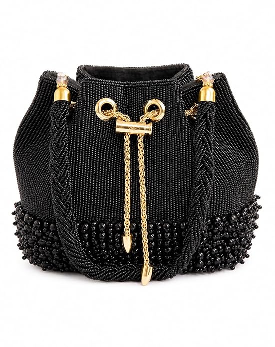 Beaded Bucket Handbag, Black with Gold-Tone Hardware, Drawstring Closure, Evening Clutch for Weddings and Festive Occasions