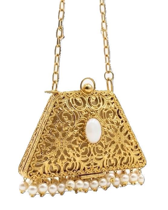 Gold Filigree Metal Clutch Bag, Trapezoidal, Pearl Tassel, Vintage Bridal Evening Purse with Chain Strap