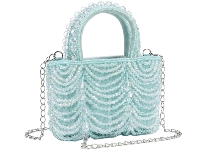 Crystal Beaded Mini Tote Bag, Pastel Blue, Chandelier Drape Design, Detachable Silver-Tone Chain Strap, Evening Crossbody