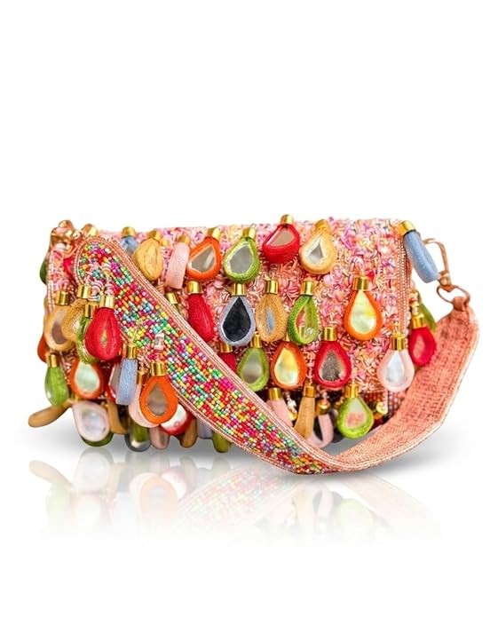 Flora Heritage Handcrafted Sling bag, Multicolor Beadwork with Mirror-Work Tassel, Embroidered Sling Strap, Indian Bridal Bag